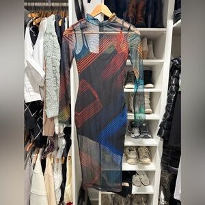 ByEgreis XS Sheer Long-Sleeve Geometric Mesh Dress in Multi-Color